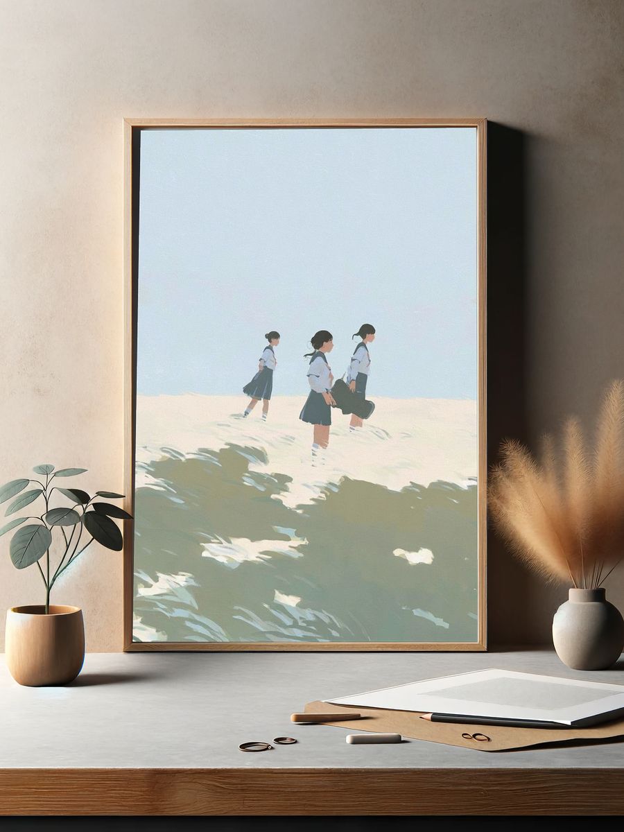 Schoolgirls in Seaside Breeze Illustration Poster. — room view 2