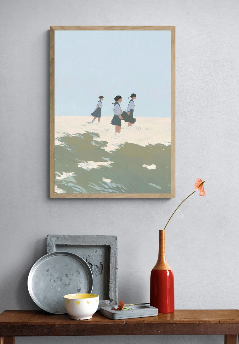 Schoolgirls in Seaside Breeze Illustration Poster. — room view 3