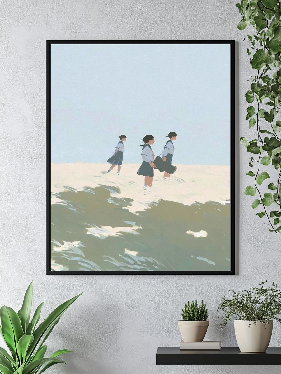 Schoolgirls in Seaside Breeze Illustration Poster. — room view 4