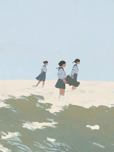 Schoolgirls in Seaside Breeze Illustration Poster.