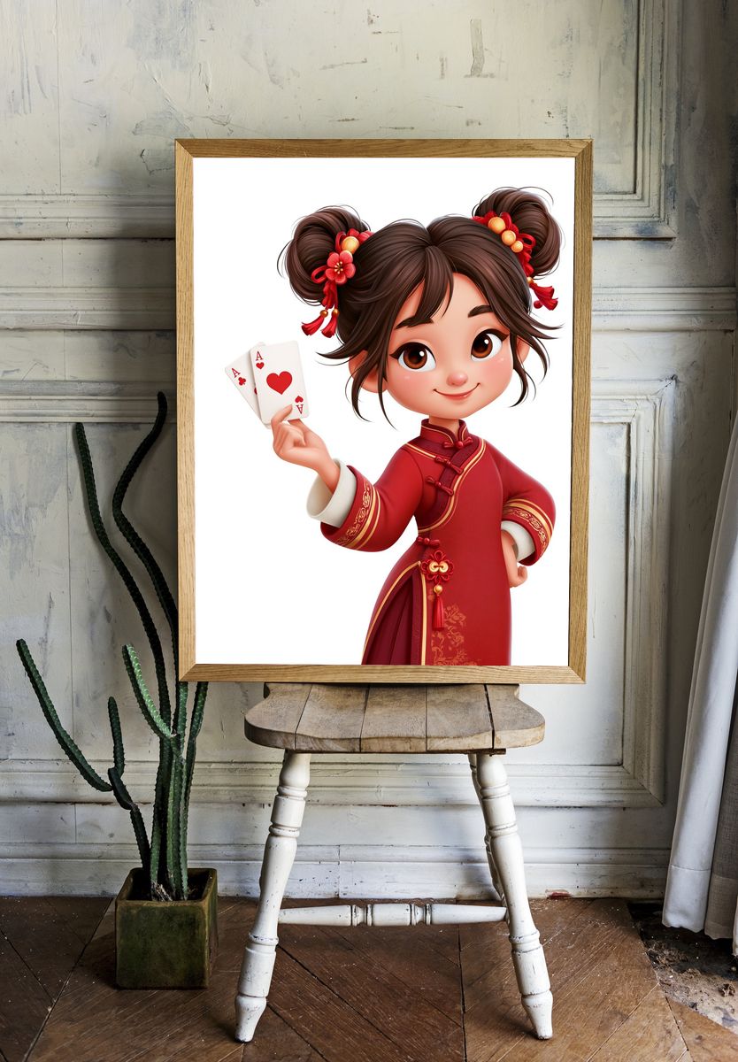 Lucky Girl with Cards Illustration Poster. room preview