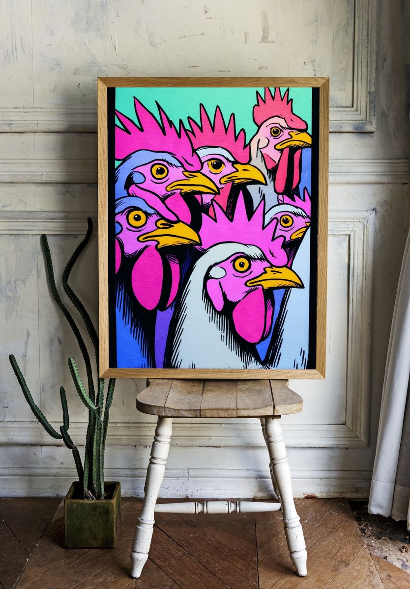 Pop Art Rooster Heads Poster. room preview