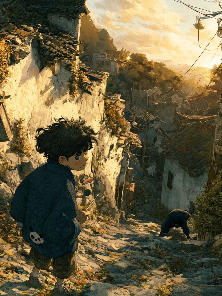 Boy in Sunlit Alley Illustration Poster. poster detail