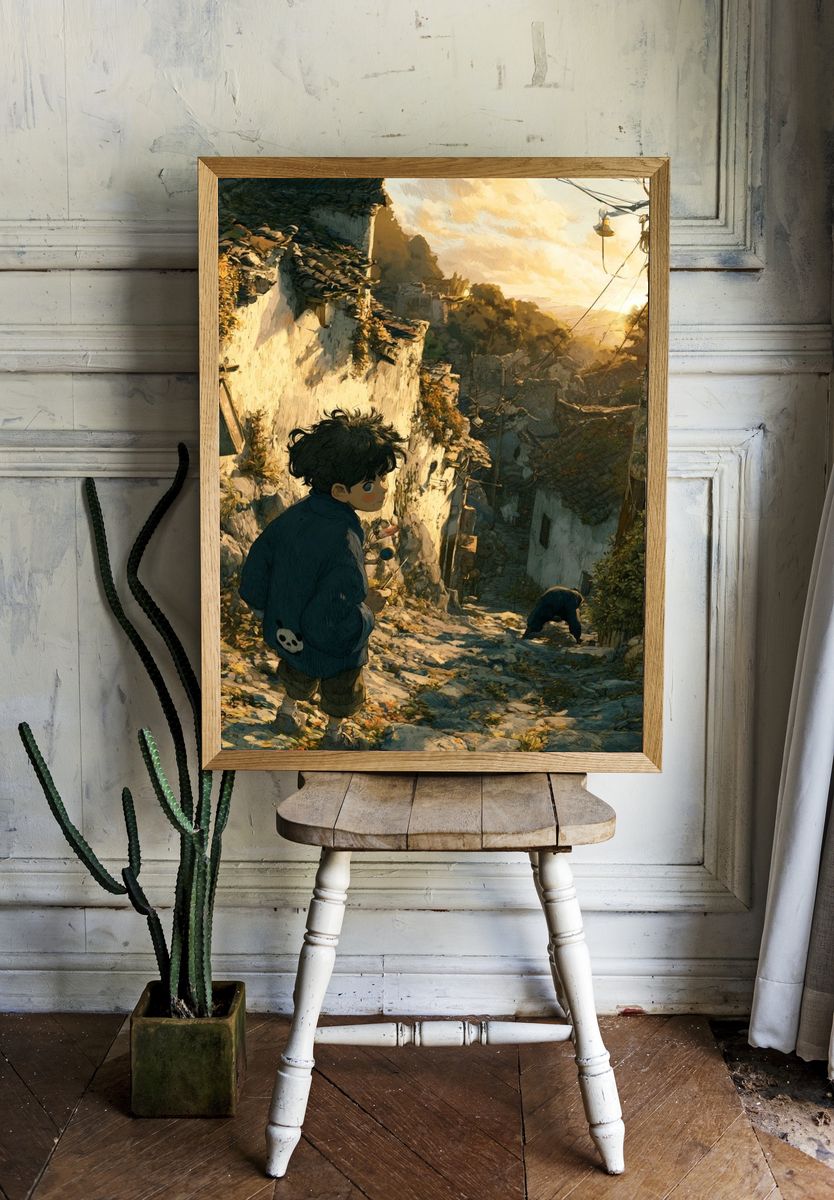 Boy in Sunlit Alley Illustration Poster. room preview