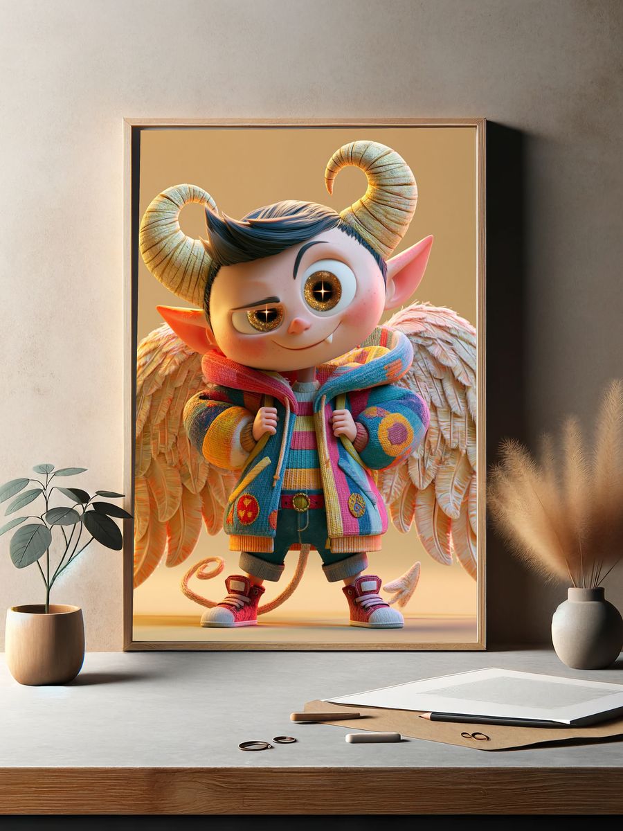 Cute Horned Angel Character Print. — room view 2