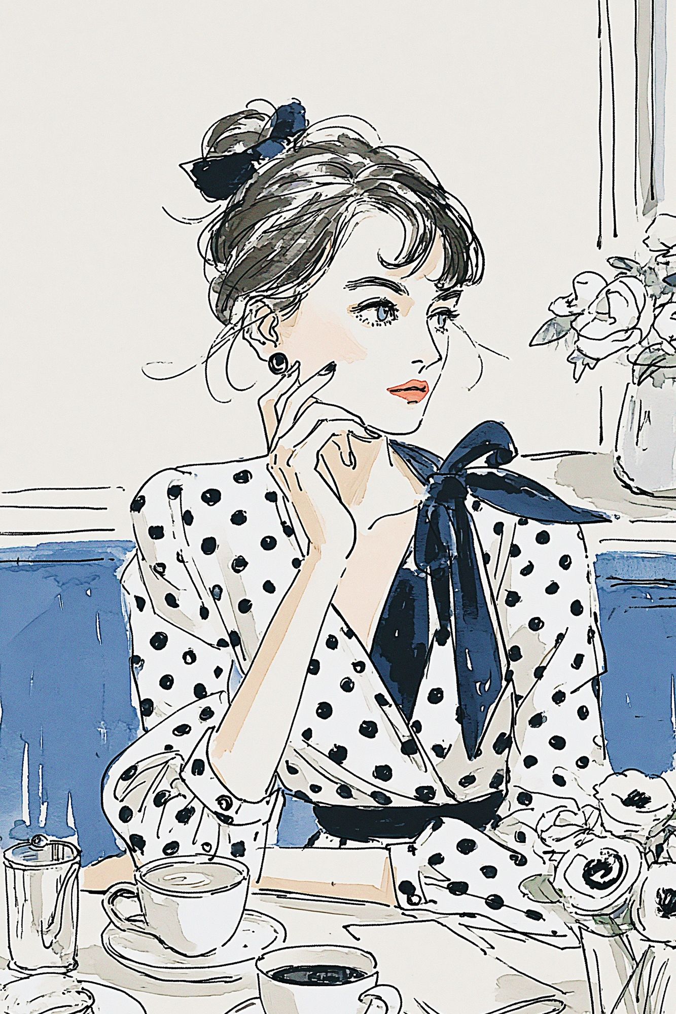 Polka Dot Café Girl Illustration Poster. poster detail
