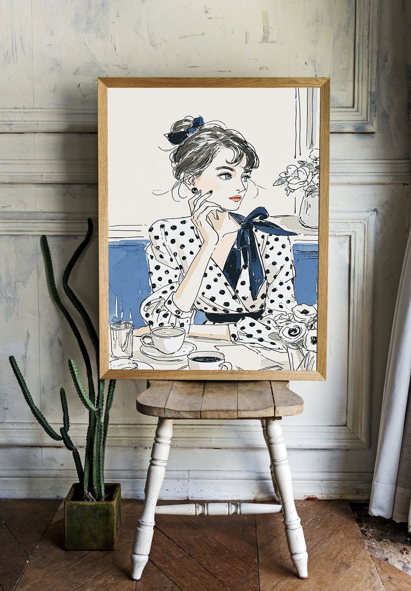 Polka Dot Café Girl Illustration Poster. — room view 1