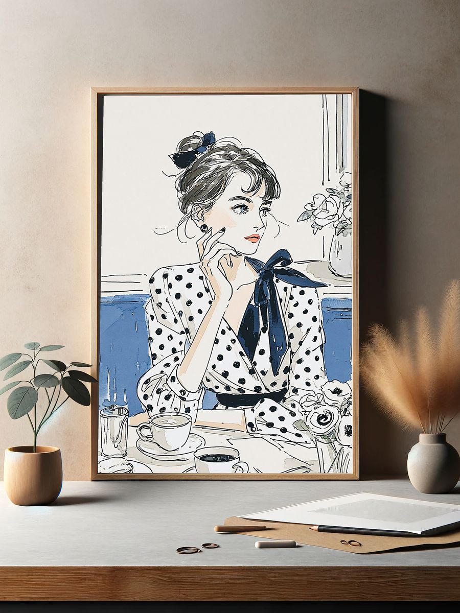 Polka Dot Café Girl Illustration Poster. — room view 2