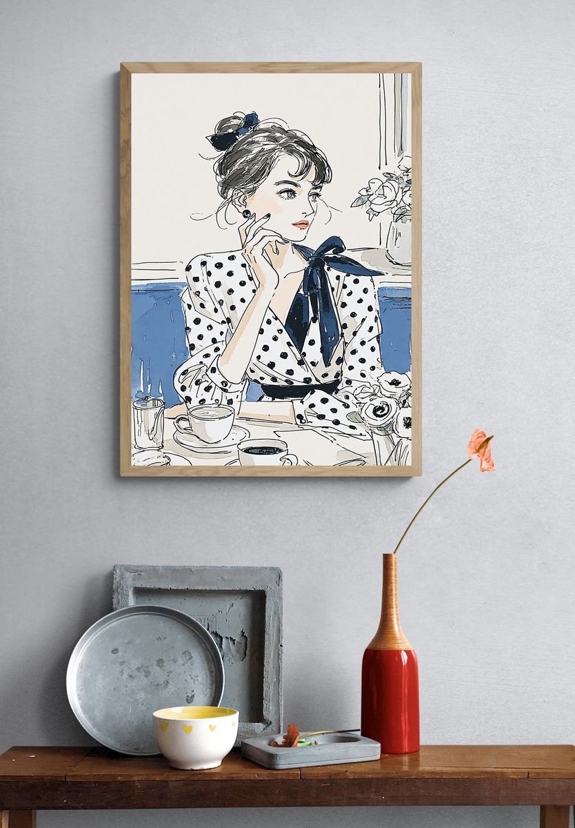 Polka Dot Café Girl Illustration Poster. — room view 3