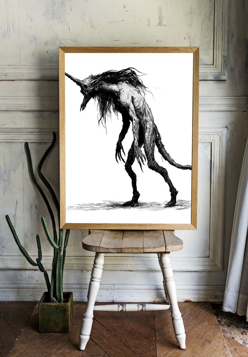 Horned Creature Ink Print. — room view 1