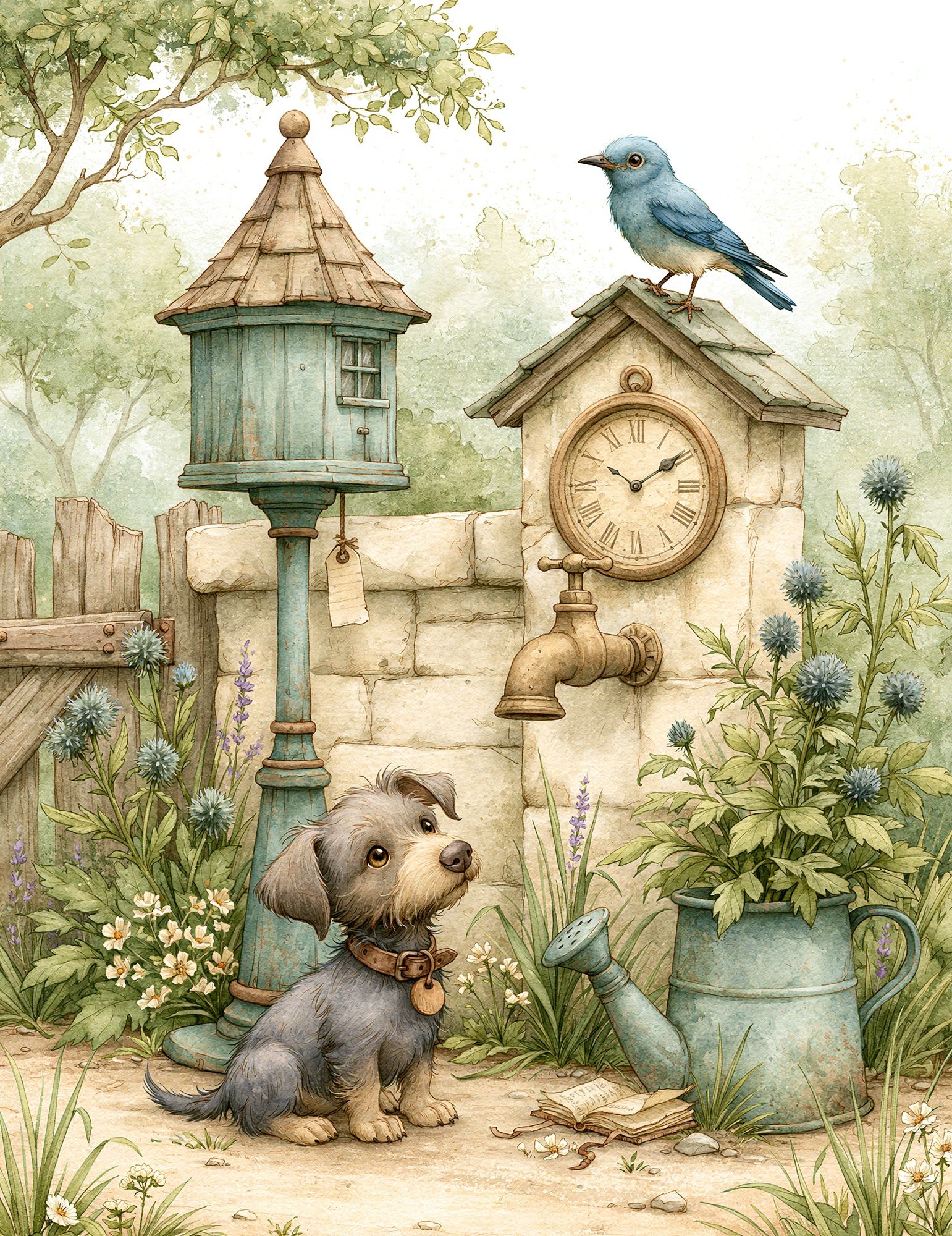 Garden Dog and Bluebird Illustration Poster. poster detail