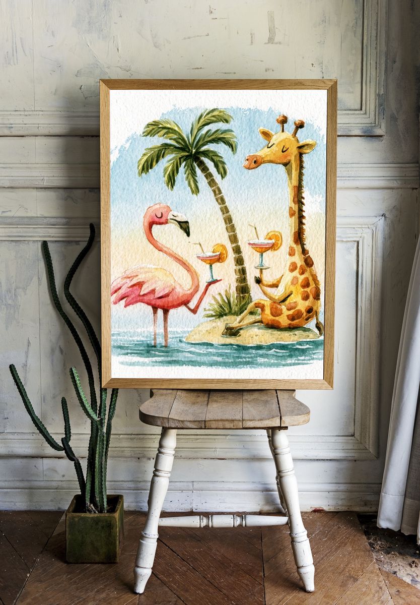 Tropical Flamingo and Giraffe Poster. — room view 1