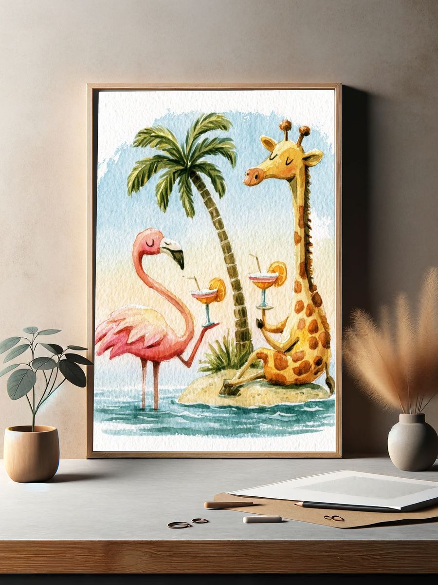 Tropical Flamingo and Giraffe Poster. — room view 2