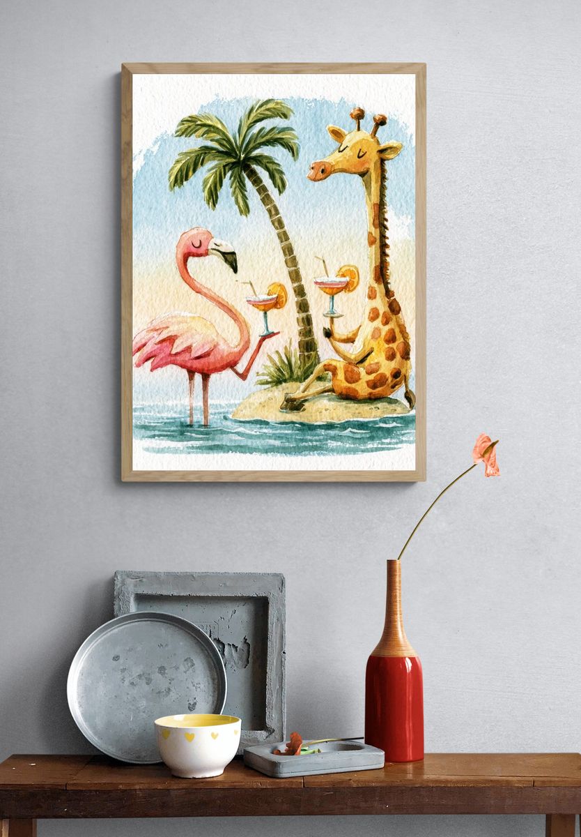 Tropical Flamingo and Giraffe Poster. — room view 3