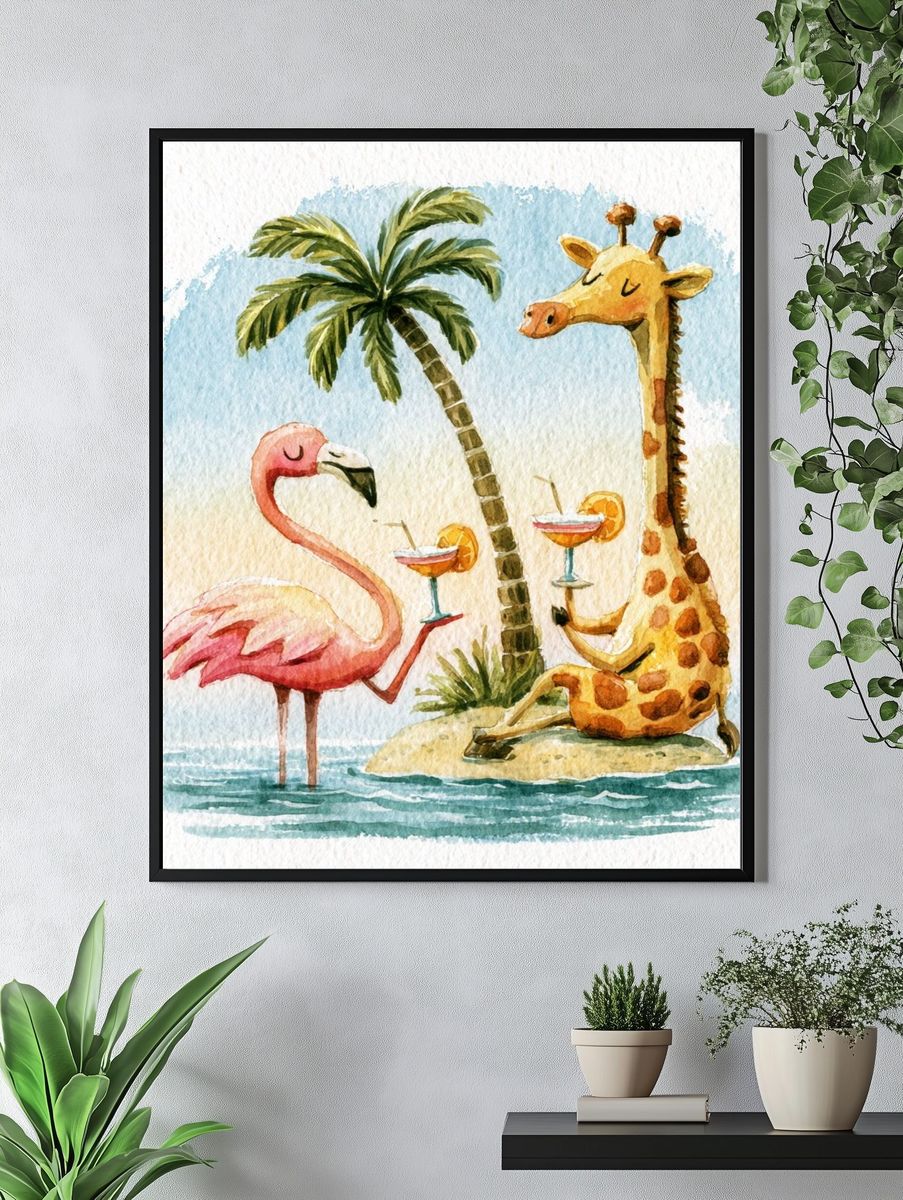 Tropical Flamingo and Giraffe Poster. — room view 4