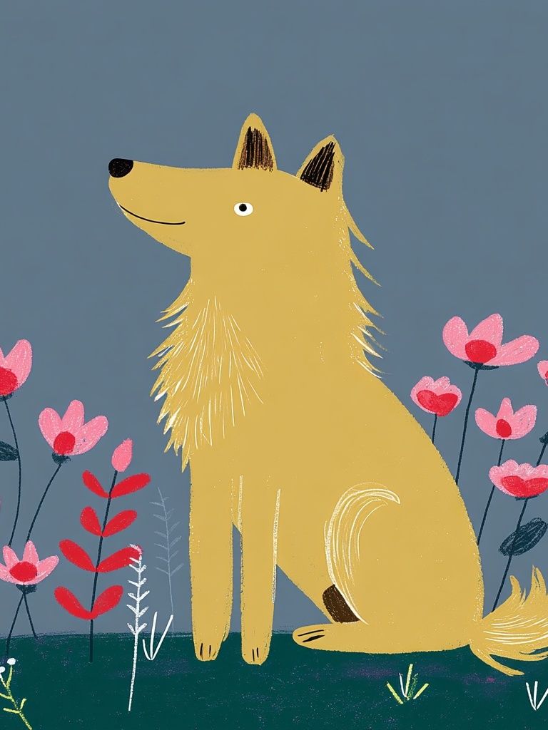 Golden Dog in Flowers Illustration Poster. poster — illustration art