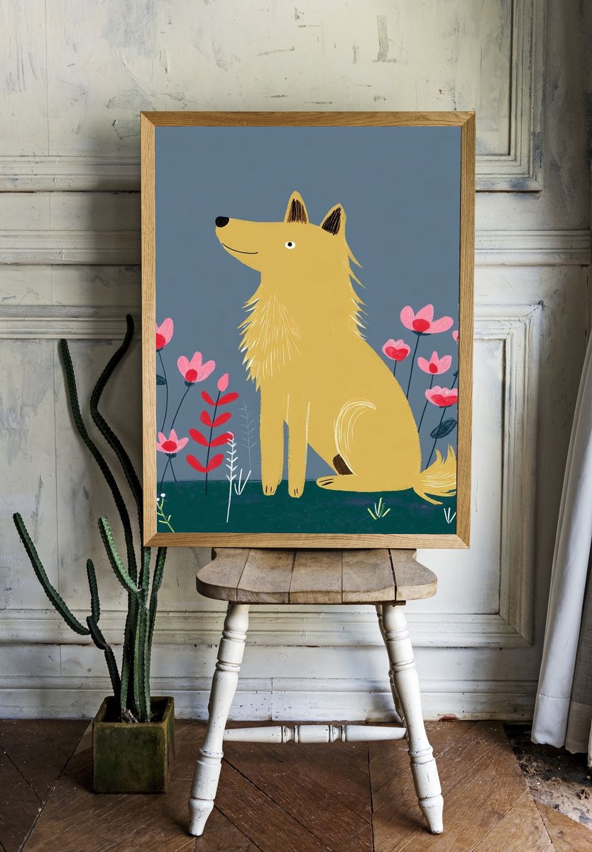 Golden Dog in Flowers Illustration Poster. room preview
