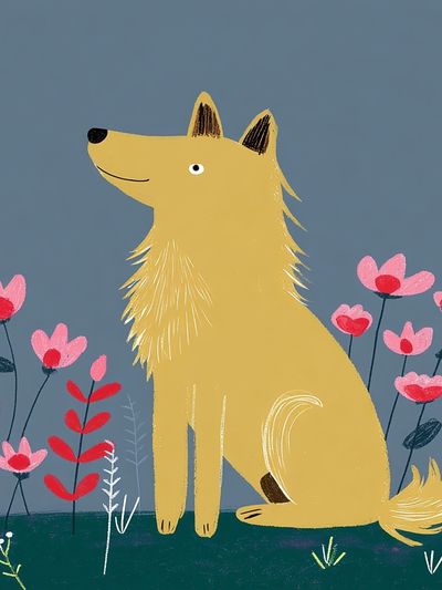 Golden Dog in Flowers Illustration Poster. poster