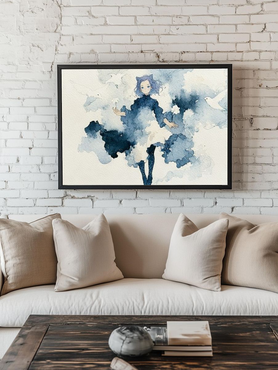Blue Watercolor Figure Print. room preview