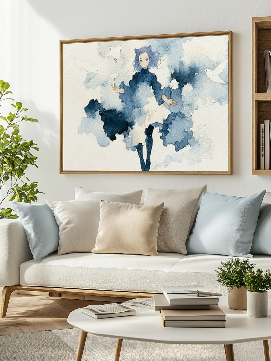 Blue Watercolor Figure Print. — room view 2