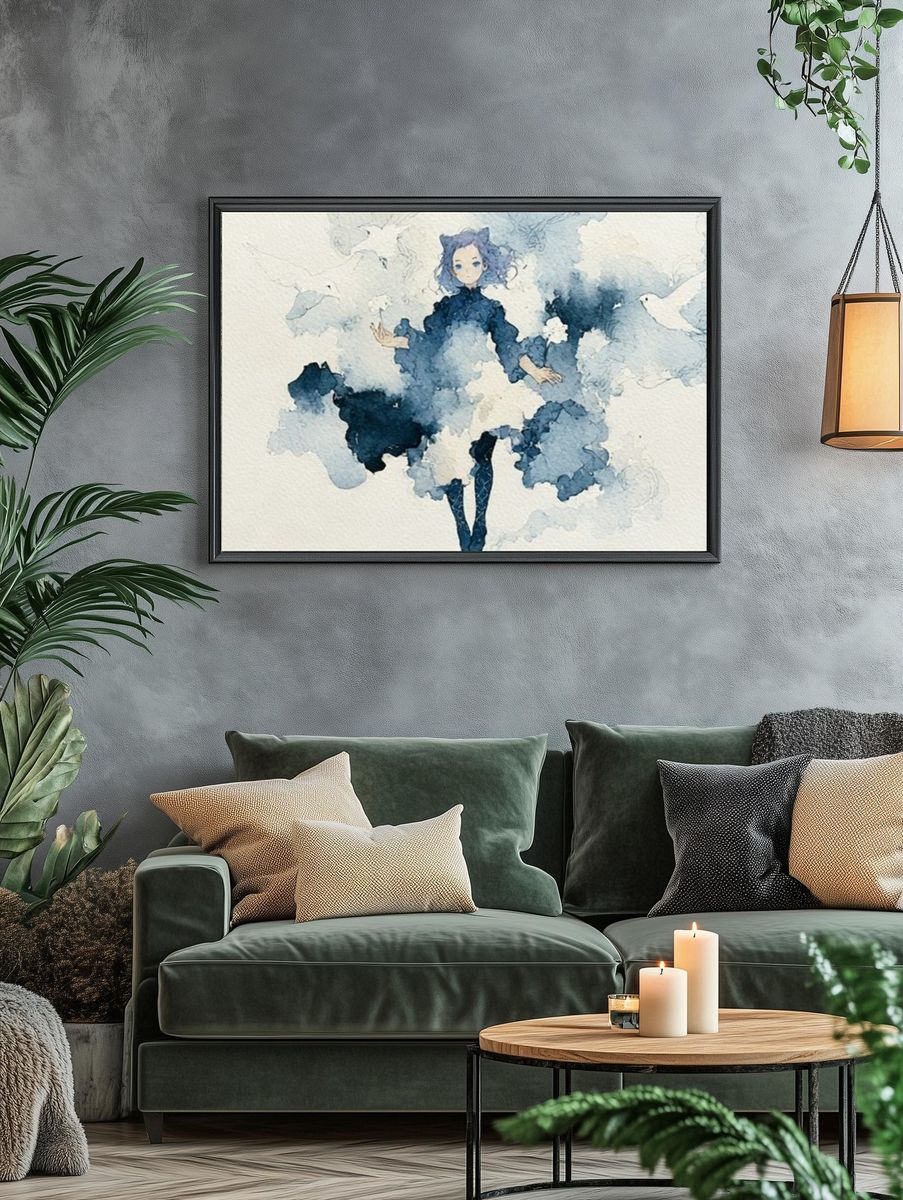 Blue Watercolor Figure Print. — room view 4