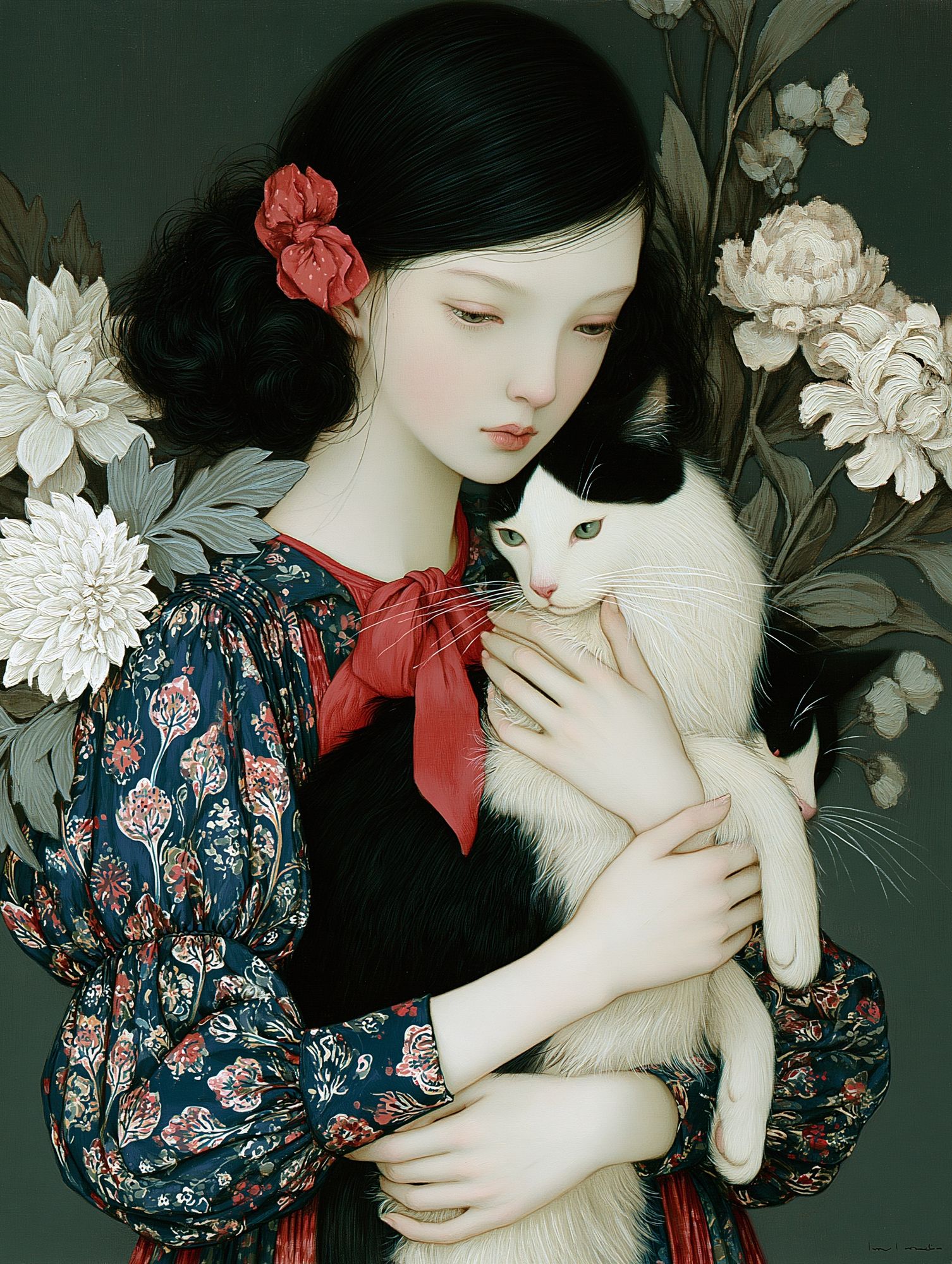 Girl with Cat Floral Portrait Print. poster detail