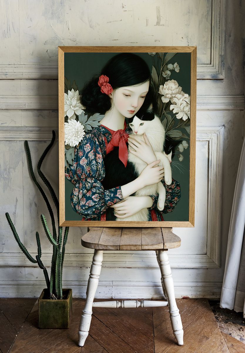 Girl with Cat Floral Portrait Print. room preview