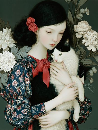 Girl with Cat Floral Portrait Print. poster