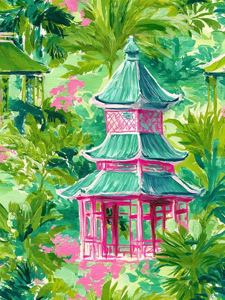 Tropical Pagoda Garden Print. poster — illustration art