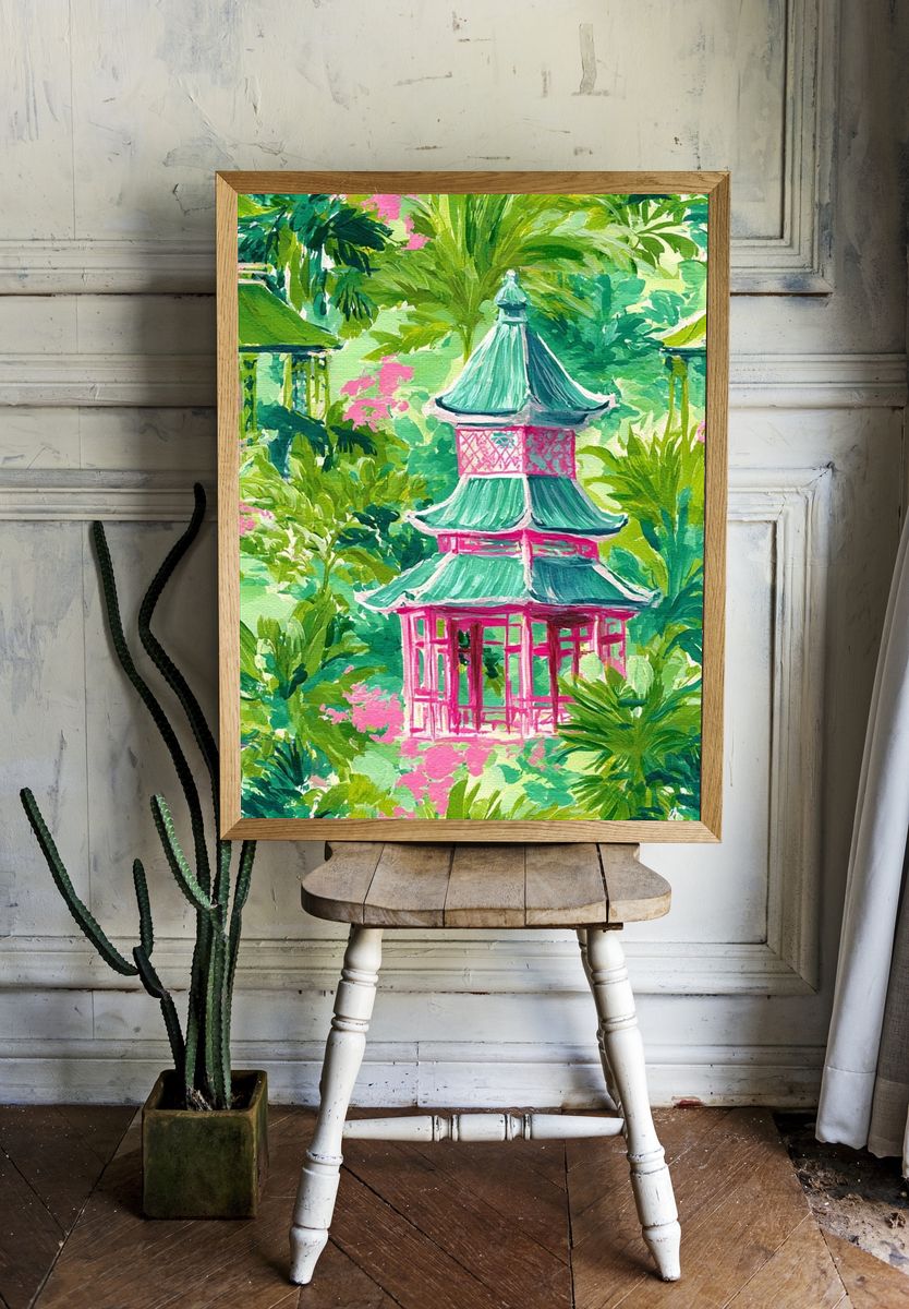 Tropical Pagoda Garden Print. room preview