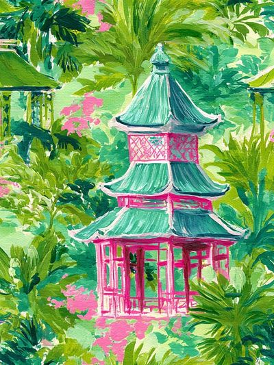 Tropical Pagoda Garden Print. poster