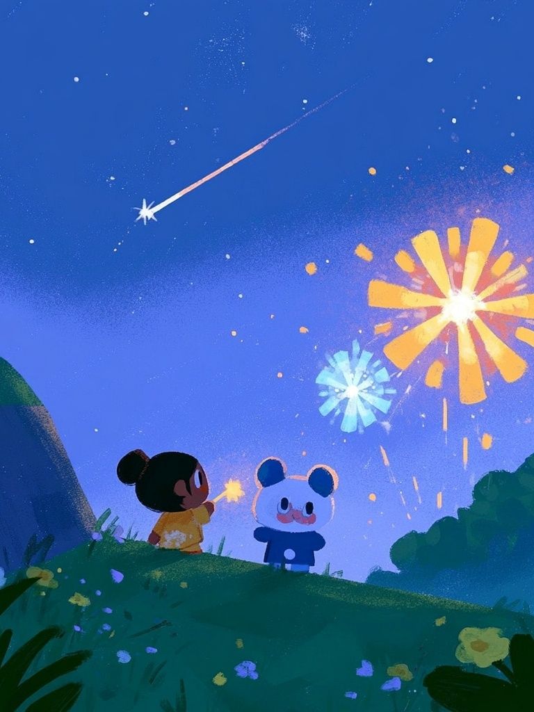 Fireworks Night Friends Illustration Poster. poster detail