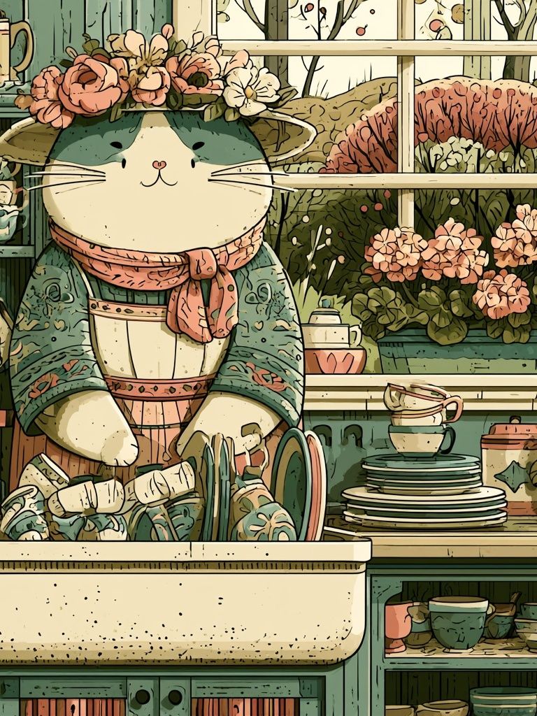 Cat Florist Kitchen Illustration Poster. poster detail