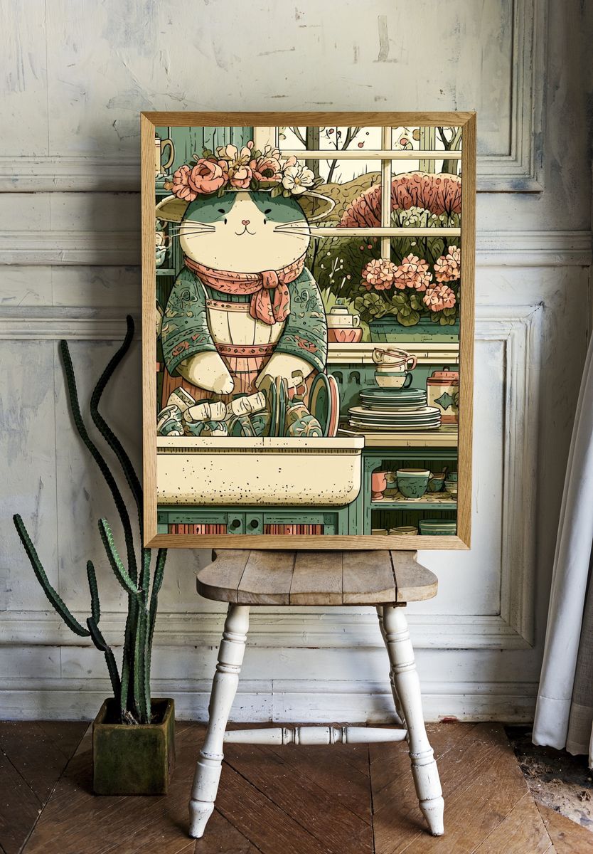 Cat Florist Kitchen Illustration Poster. — room view 1