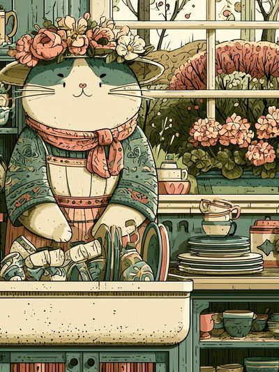 Cat Florist Kitchen Illustration Poster. poster