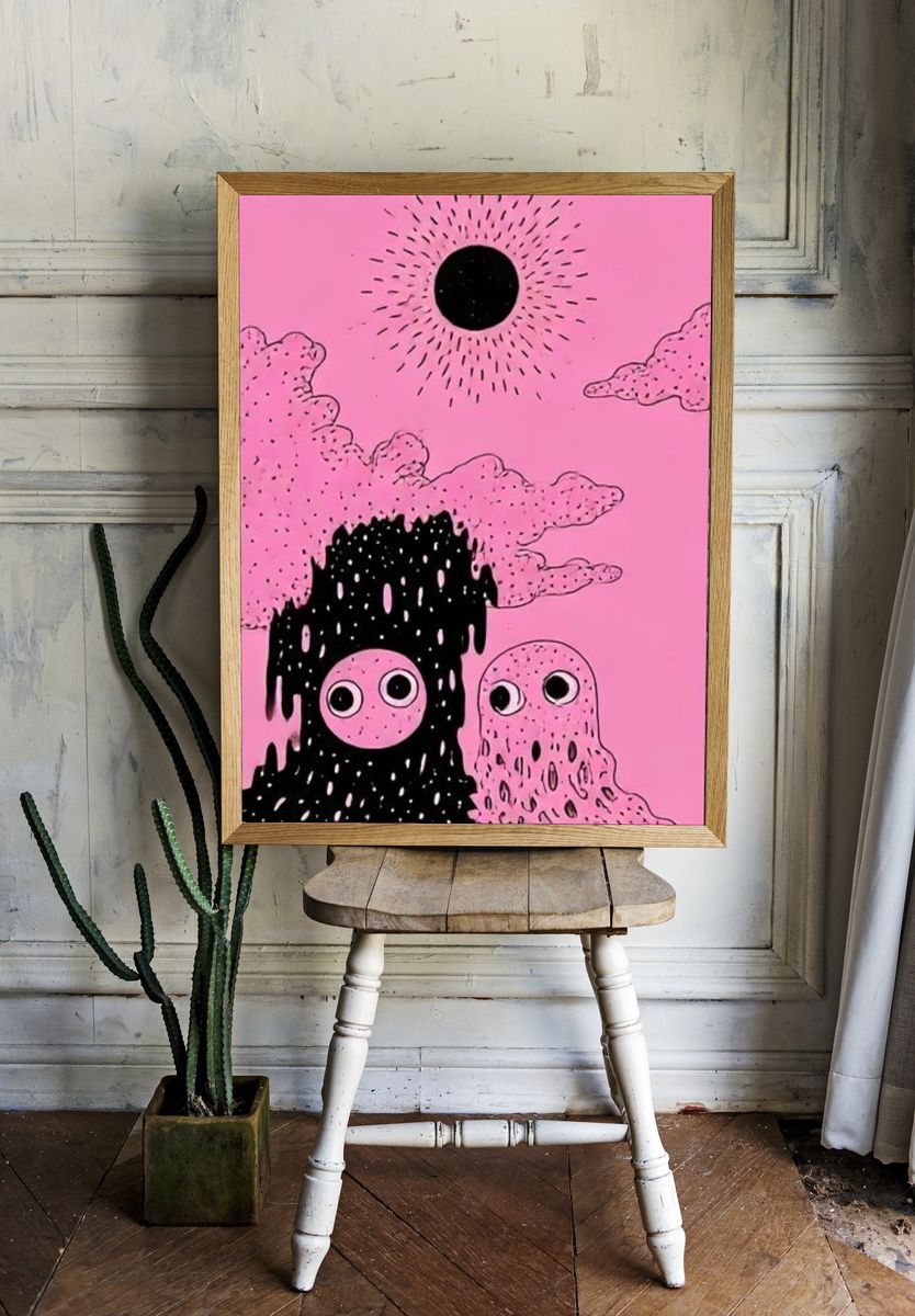 Pink Surreal Moon Poster. — room view 1