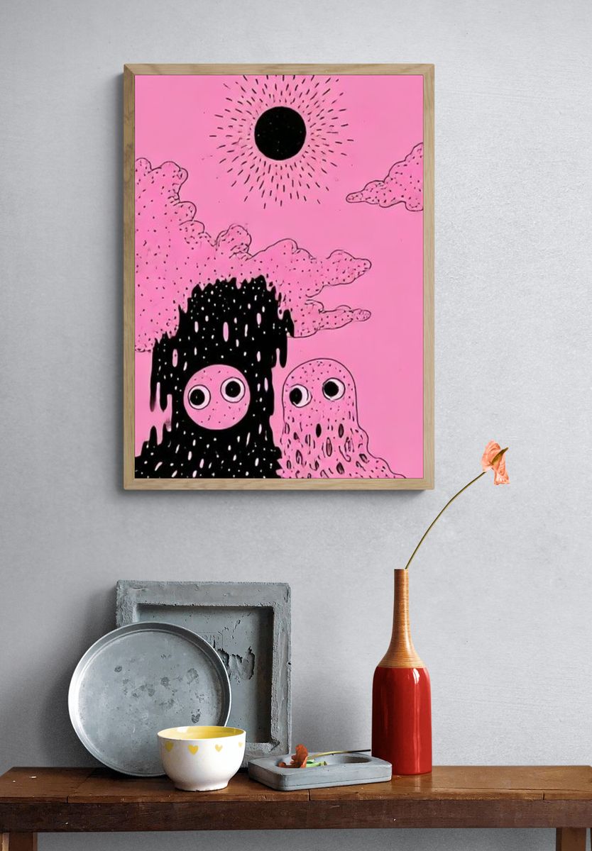 Pink Surreal Moon Poster. — room view 3