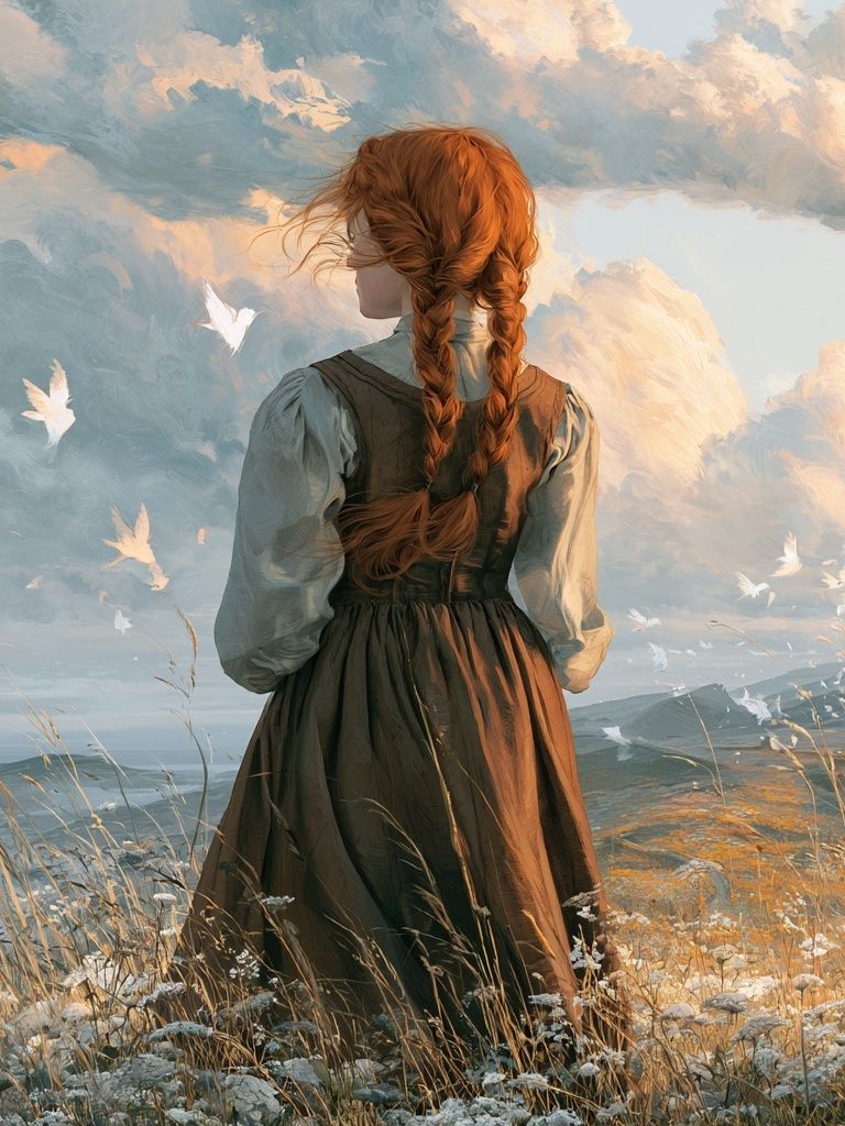 Red-Haired Girl in Clouds Illustration Poster. poster — illustration art