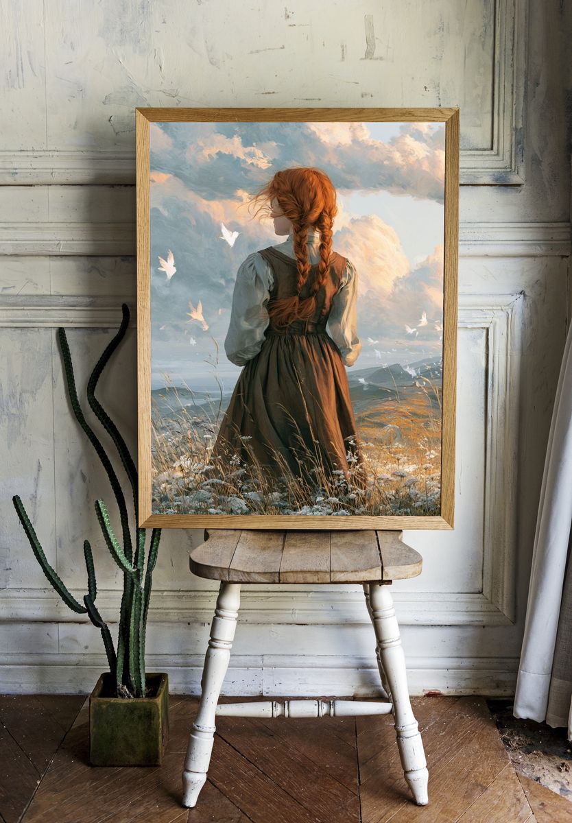 Red-Haired Girl in Clouds Illustration Poster. — room view 1