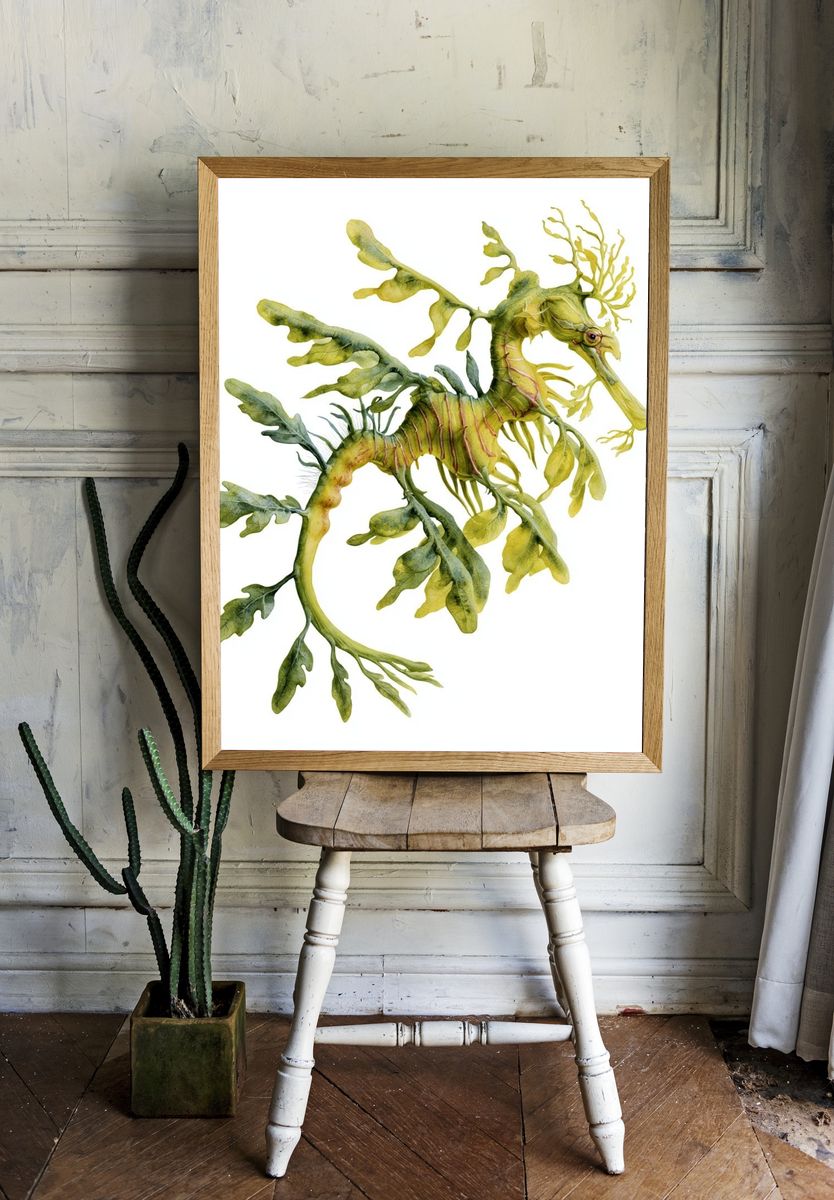 Leafy Seahorse Watercolor Print. — room view 1