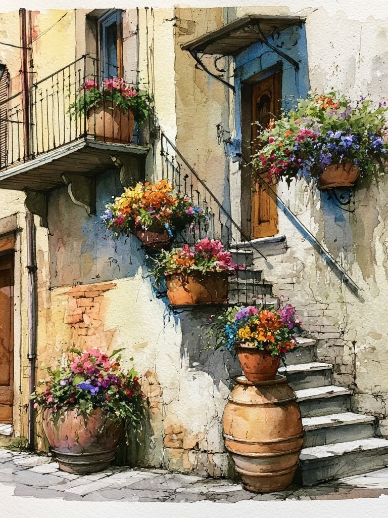 Italian Courtyard Flowers Watercolor Poster. poster detail