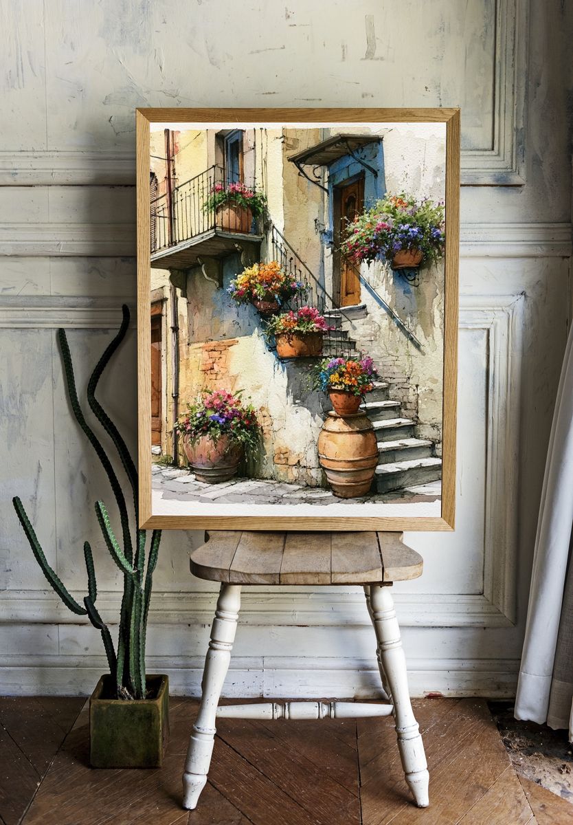 Italian Courtyard Flowers Watercolor Poster. room preview
