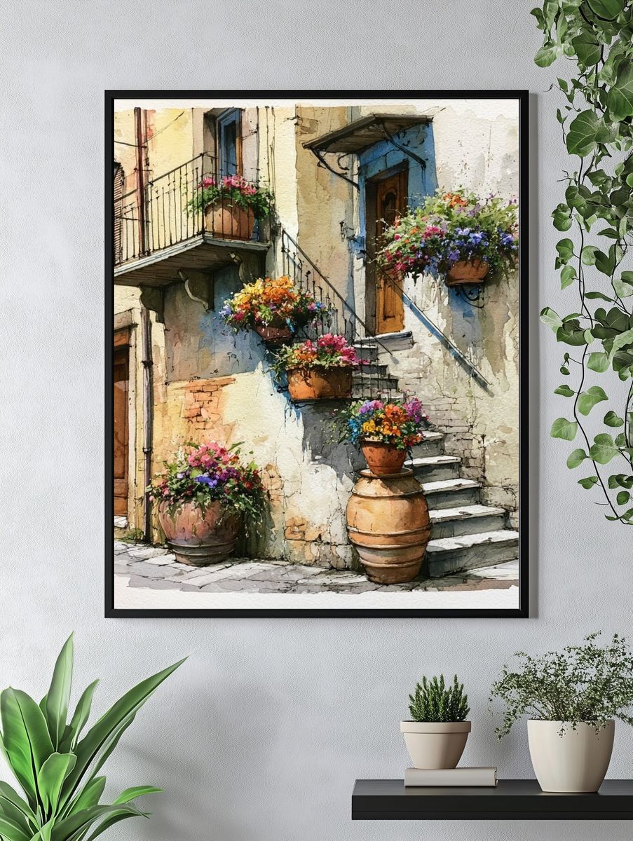 Italian Courtyard Flowers Watercolor Poster. — room view 4