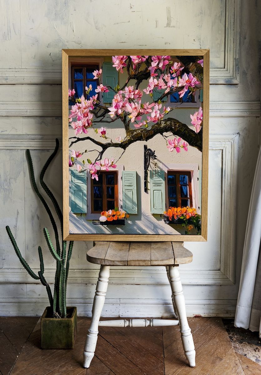 Blooming Cottage Facade Illustration Poster. — room view 1