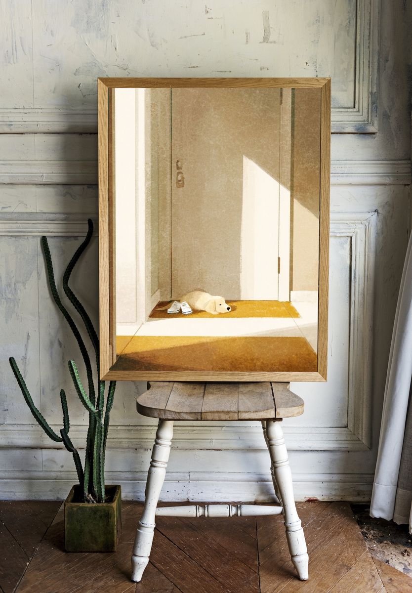 Sunlit Hallway with Sleeping Dog Print room preview