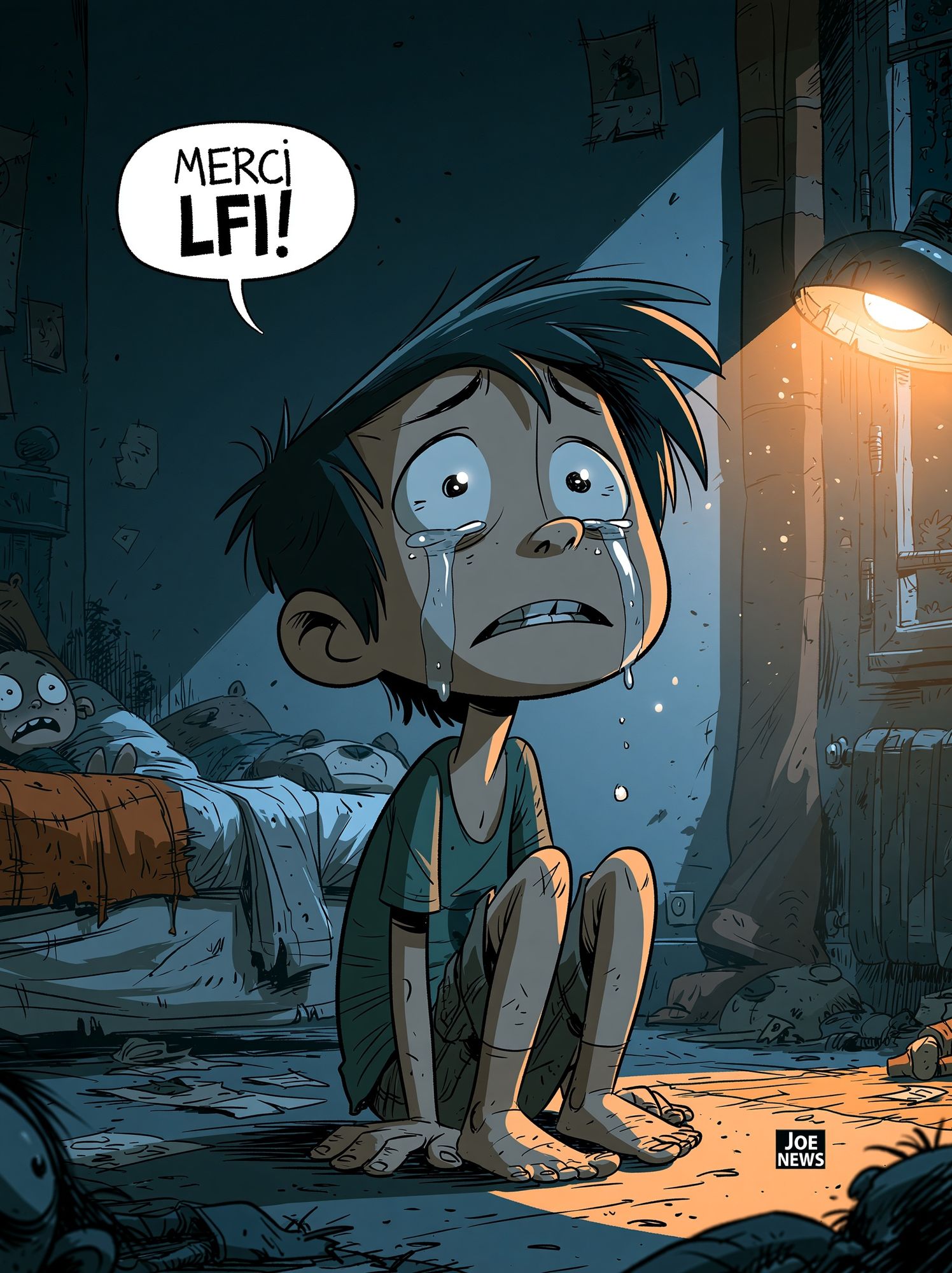 Crying Boy in Dark Room Illustration Poster. poster detail