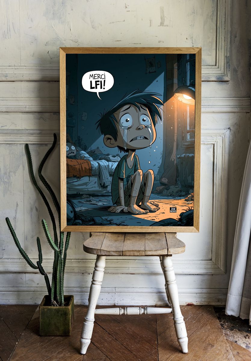 Crying Boy in Dark Room Illustration Poster. room preview