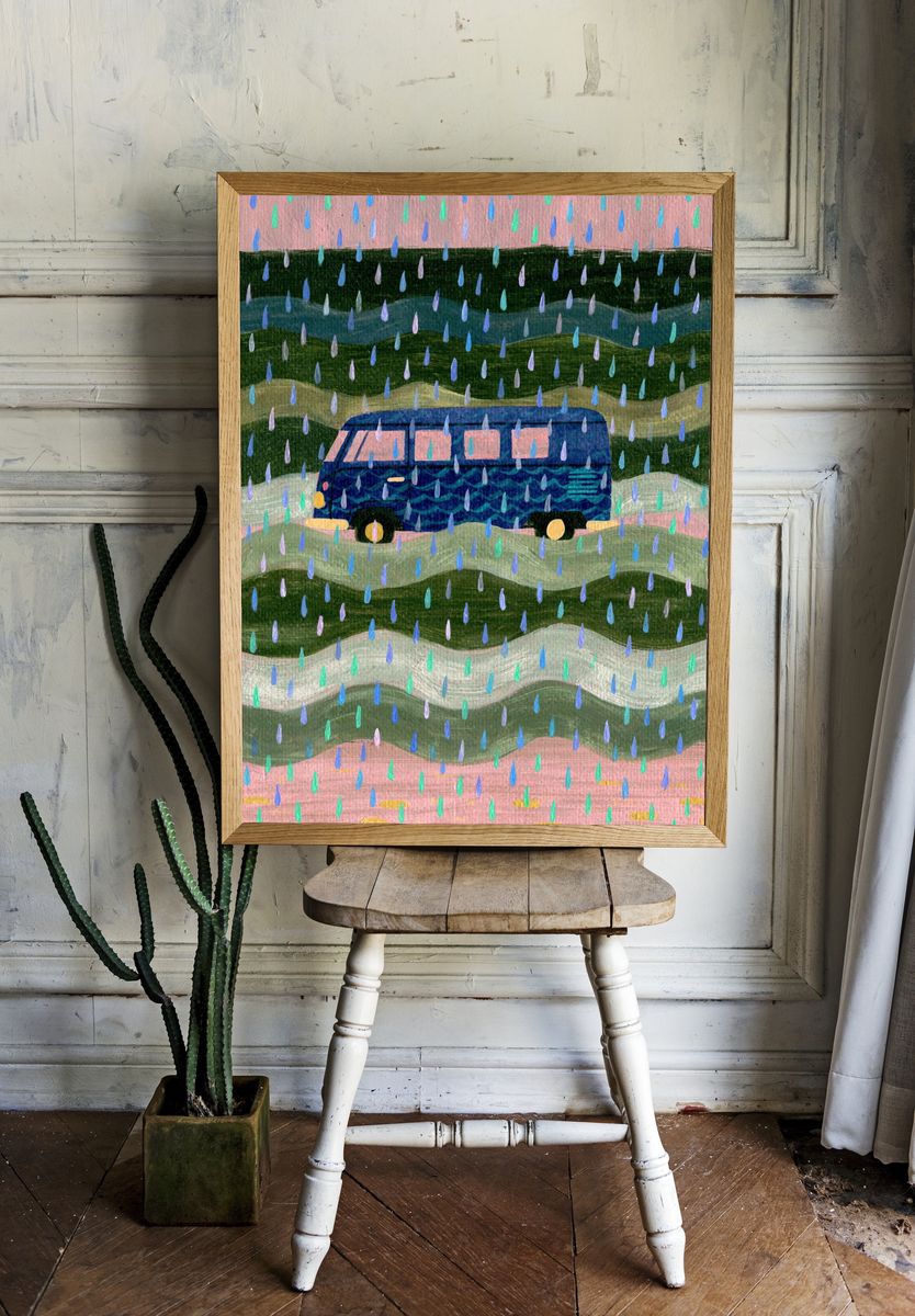 Rainy Van Landscape Illustration Poster. — room view 1