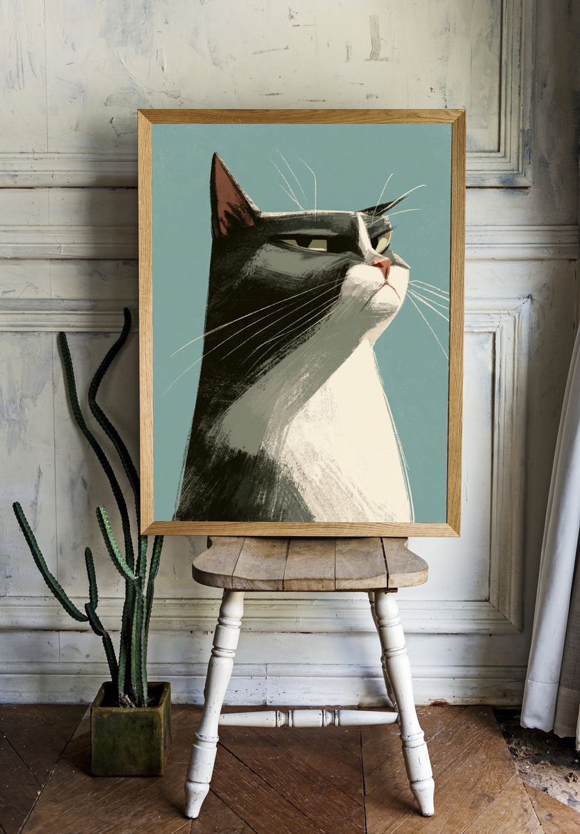 Tuxedo Cat Portrait Illustration Poster. — room view 1