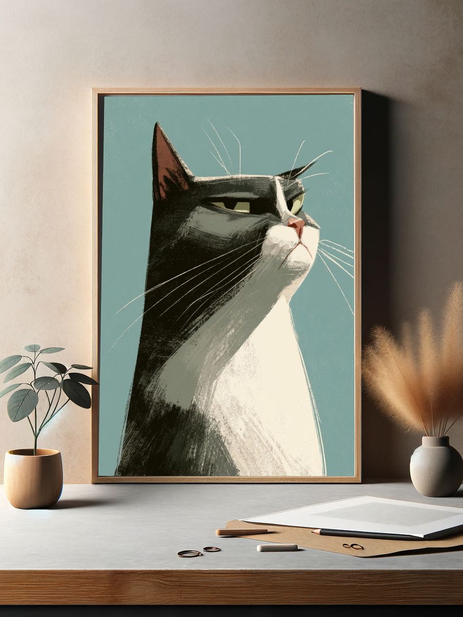 Tuxedo Cat Portrait Illustration Poster. — room view 2